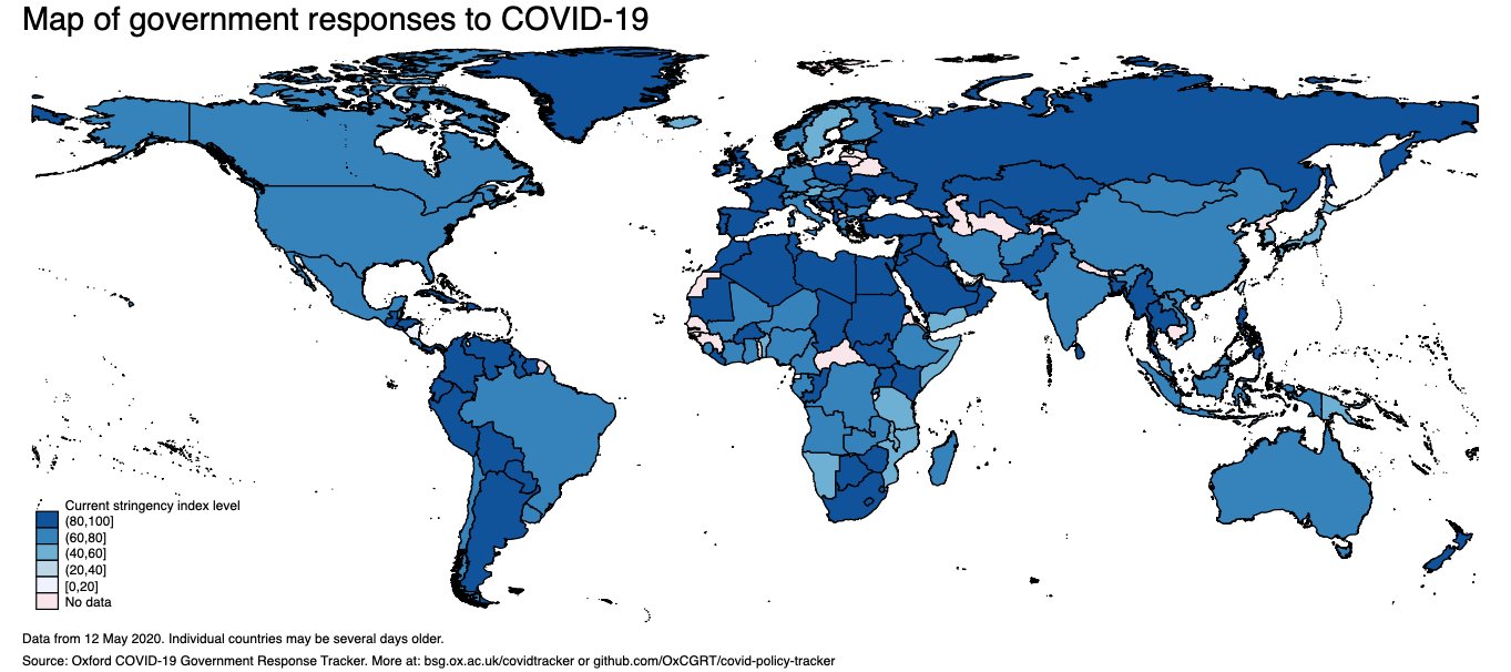 Mapa das respostas dos governos à Covid-19. Dados de 12 de maio de 2020. Fonte: [Universidade de Oxford](https://www.bsg.ox.ac.uk/research/research-projects/coronavirus-government-response-tracker).