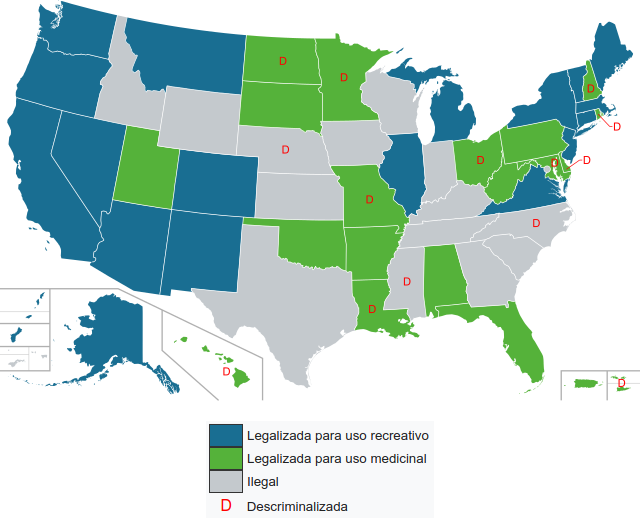 Legalidade da maconha nos Estados Unidos (fonte: [Wikipedia](https://en.wikipedia.org/wiki/Cannabis_in_the_United_States))