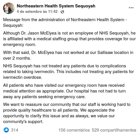 Fonte: Northeastern Health System Sequoyah no [Facebook](https://www.facebook.com/NHSSequoyah/posts/4192195714168045)