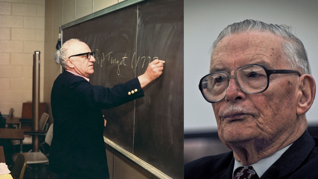 Murray Rothbard e James Buchanan. Créditos das imagens: [Wikimedia Commons](https://commons.wikimedia.org/wiki/File:Chalkboard_color.jpg) / [CC BY 3.0](https://creativecommons.org/licenses/by/3.0/deed.pt_BR) e [Wikimedia Commons](https://commons.wikimedia.org/wiki/File:James_Buchanan_by_Atlas_network.jpg) / [CC BY-SA 3.0](https://creativecommons.org/licenses/by-sa/3.0/deed.pt_BR).